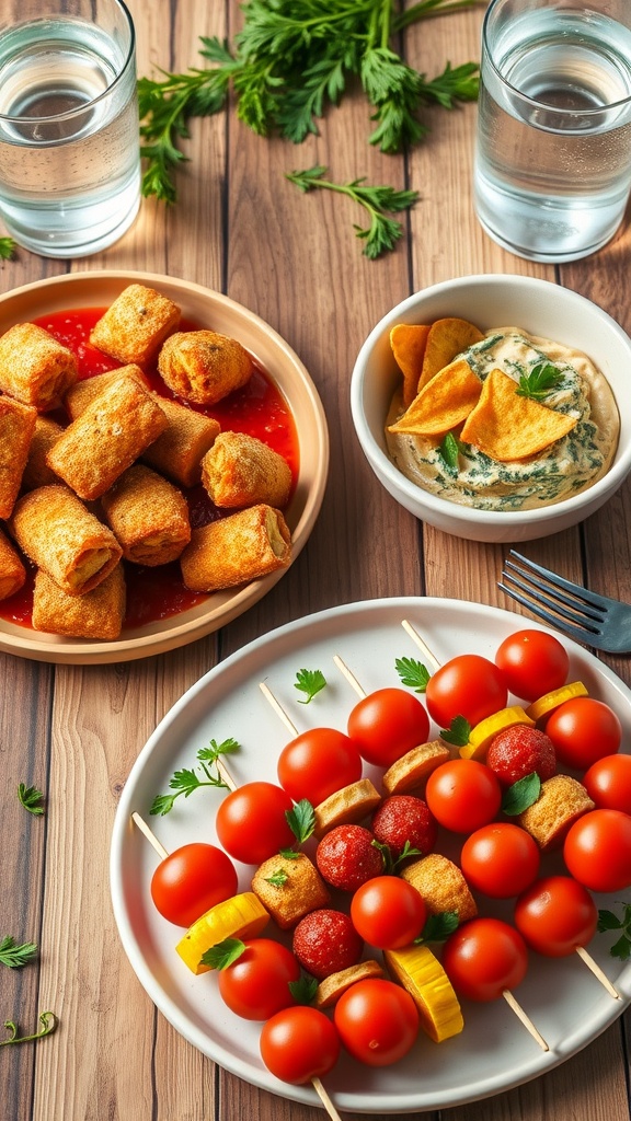 A collection of appetizers including mozzarella sticks, spinach dip, and caprese skewers on a wooden table.